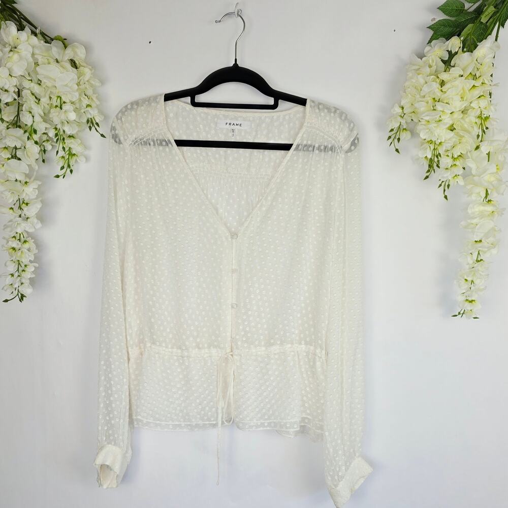 FRAME Button UP Blouse XL Off White Swiss Dot Silk Blend Sheer Boho Romantic - Picture 2 of 14